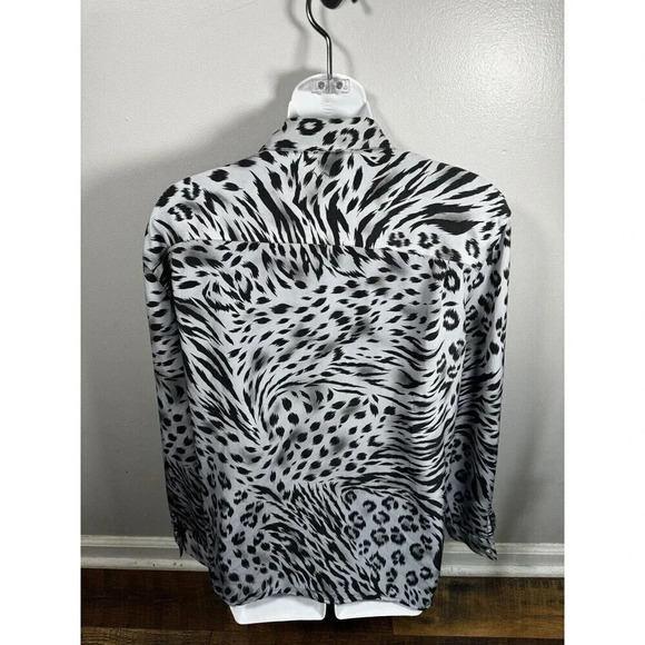 Alfred Dunner silver Leopard Print button down blouse Shoulder Pads Sz 18 - Picture 4 of 5